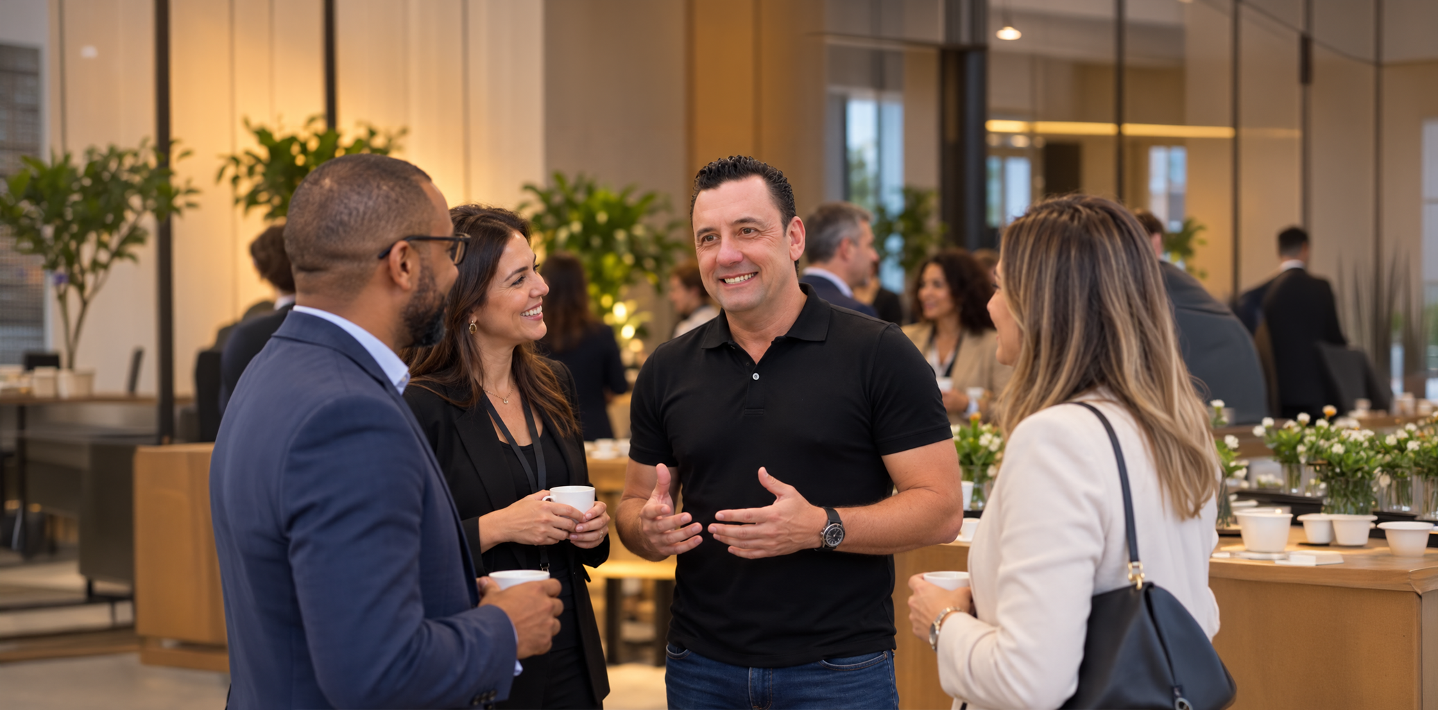 Simei Lamarca conversando com profissionais em um encontro de networking